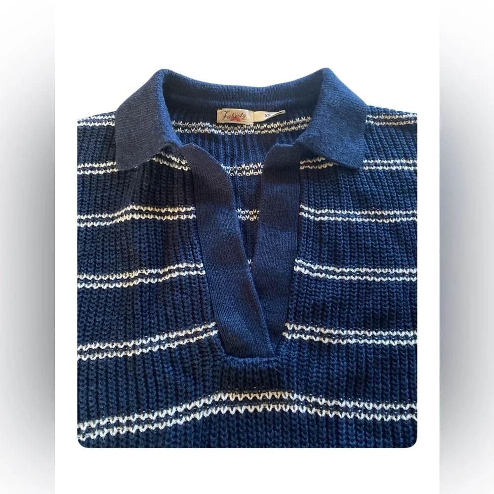 Faherty Miramar Linen Polo Sweater - Navy Mystic Stripe size XS pristine